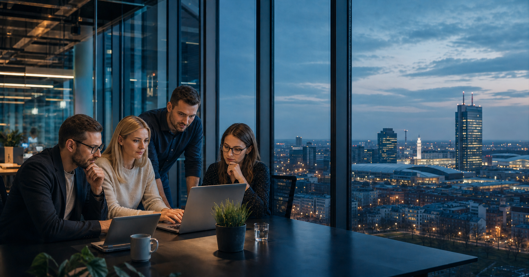 Spécialistes technologiques dans un bureau moderne avec vue sur Poznan